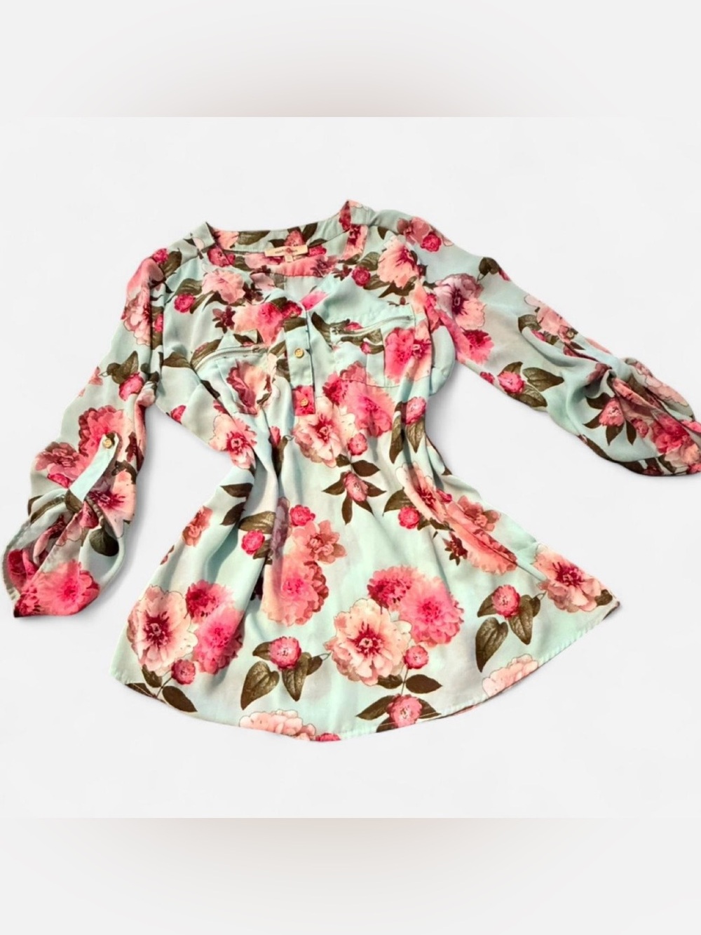 Wishful Park Mint Floral Blouse, Zipper Accents, Roll-Tab Sleeves Size XL